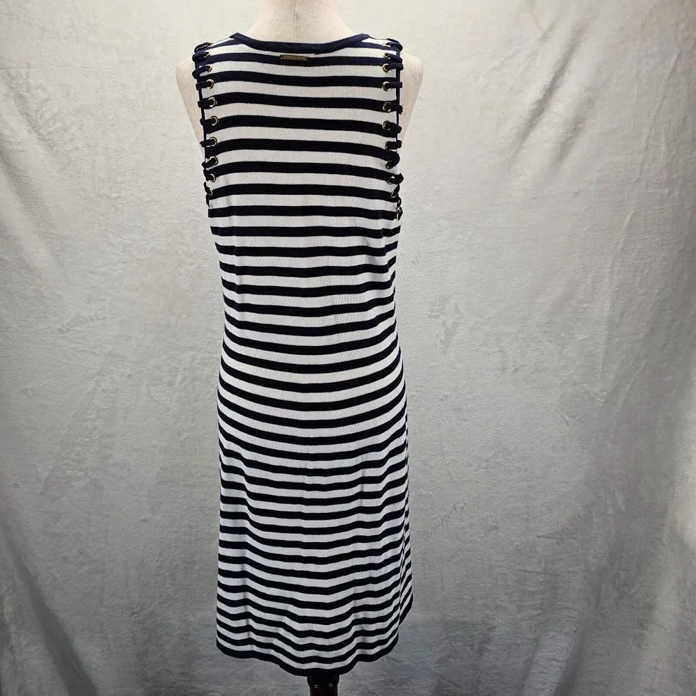 Michael Kors Ladies Navy‎ Blue & White Striped Tank Dress Lace Sleeveless Small